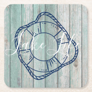 Lake Life & Preserver Blue Wood Square Paper Coaster