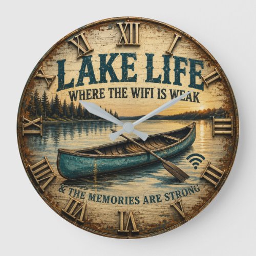 Lake Life Rustic Canoe Lake House Decor Vintage  Large Clock