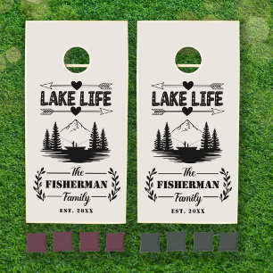 Lake Life Rustic Custom Family Name Lake House Cornhole Set