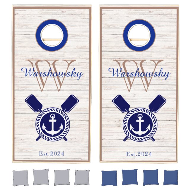 Lake Life Rustic Wood Nautical Blue White Cornhole Set (Set)