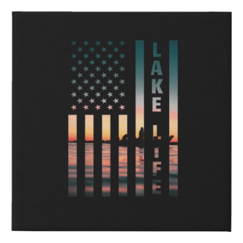 Lake Life Sunset American Flag Bass Fishing Boat Faux Canvas Print