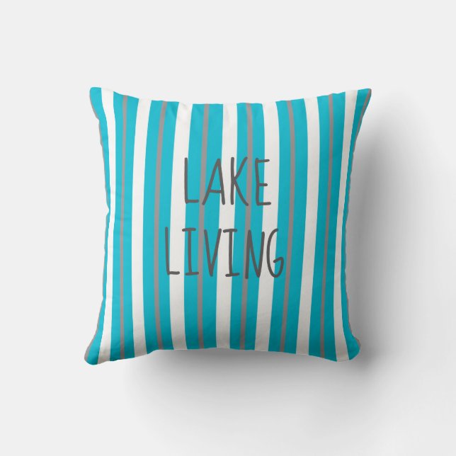 Lake Living Turquoise Gray White Stripe Throw Pill Pillow (Back)