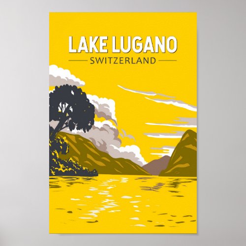 Lake Lugano Switzerland Travel Art Vintage Poster