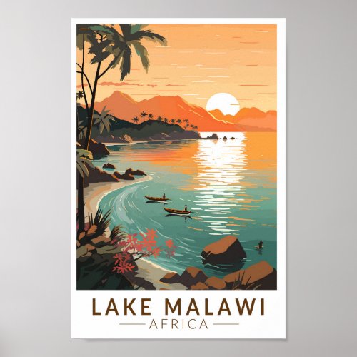 Lake Malawi Africa Sunset Travel Art Vintage Poster