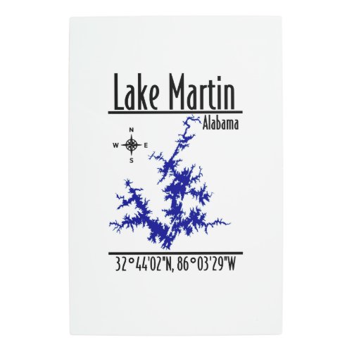 Lake Martin Alabama Blue Nautical Map Coordinates Metal Print