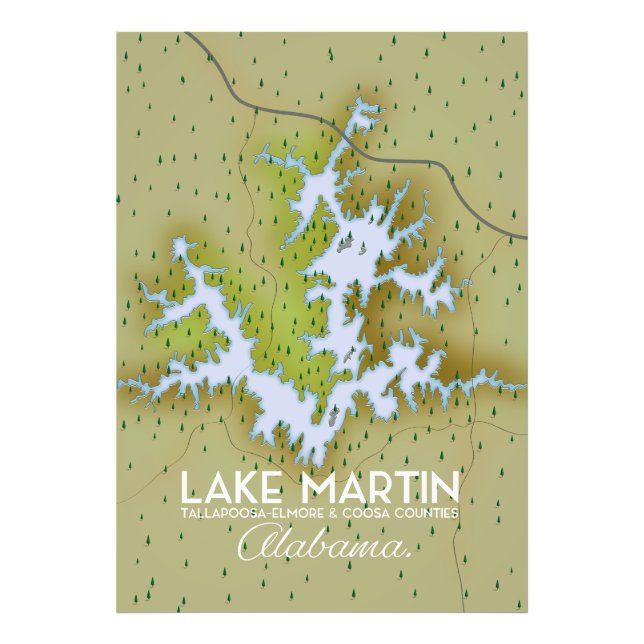 Lake Martin Alabama Travel poster map. (Front)