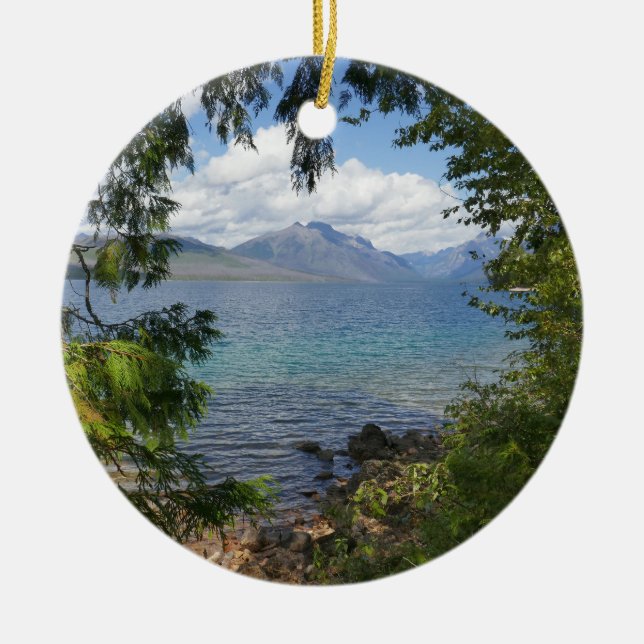 Lake McDonald Through Forest Frame Ceramic Ornament (Front)