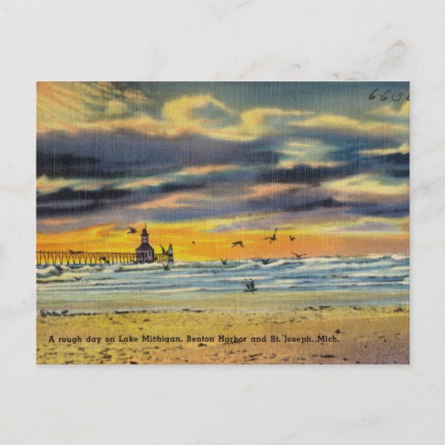 Lake Michigan Beach Day Vintage Postcard (Front)