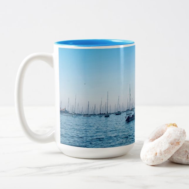 Lake Michigan Boats Photo Two-Tone Coffee Mug (With Donut)