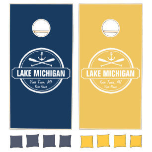 Lake Michigan, custom town, name, anchor, paddles Cornhole Set
