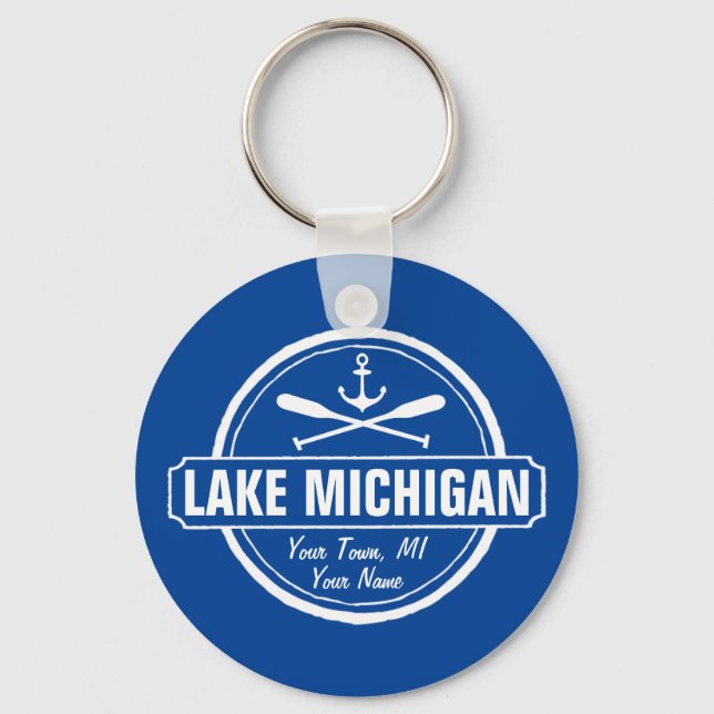 Lake Michigan, custom town, name, anchor, paddles Keychain (Front)