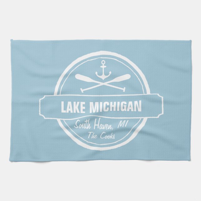 Lake Michigan, custom town, name, anchor, paddles Kitchen Towel (Horizontal)