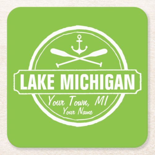 Lake Michigan custom town name anchor paddles Square Paper Coaster