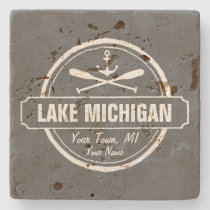 Lake Michigan, custom town, name, anchor, paddles Stone Coaster