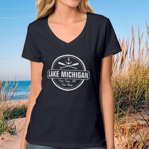 Lake Michigan custom town name anchor paddles T_Shirt