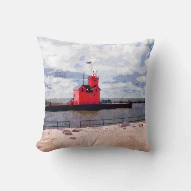 Lake Michigan Lighthouse Throw Pillow (Front)