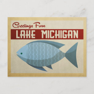 Lake Michigan Postcard Blue Fish Vintage Travel
