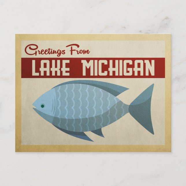 Lake Michigan Postcard Blue Fish Vintage Travel (Front)