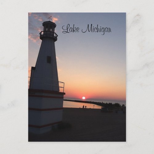 Lake Michigan Sunset Lighthouse Postcard