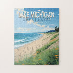 Lake Michigan Travel Art Vintage Jigsaw Puzzle<br><div class="desc">Lake Michigan vector art design. Lake Michigan is one of the five Great Lakes of North America. It is the second-largest of the Great Lakes by volume.</div>