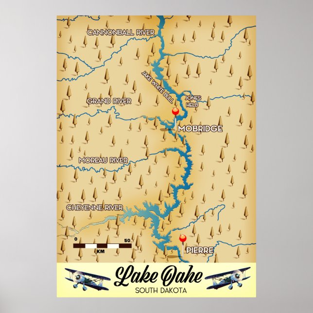 Lake Oahe South Dakota map Poster (Front)
