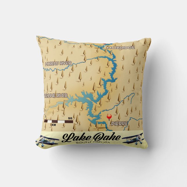 Lake Oahe South Dakota map Throw Pillow (Front)
