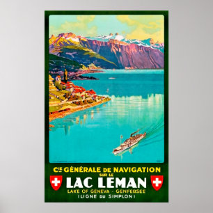 Lake of Geneva, areal view, Switzerland, vintage Poster