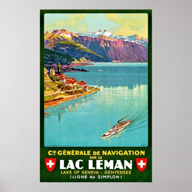 Lake of Geneva, areal view, Switzerland, vintage Poster (Front)