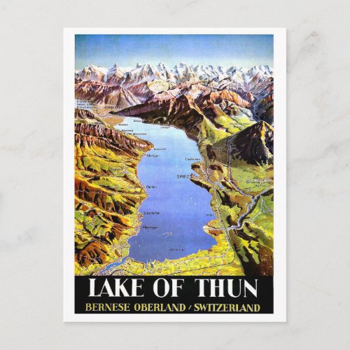 Lake of Thun map Bernese Oberland Switzerland Postcard