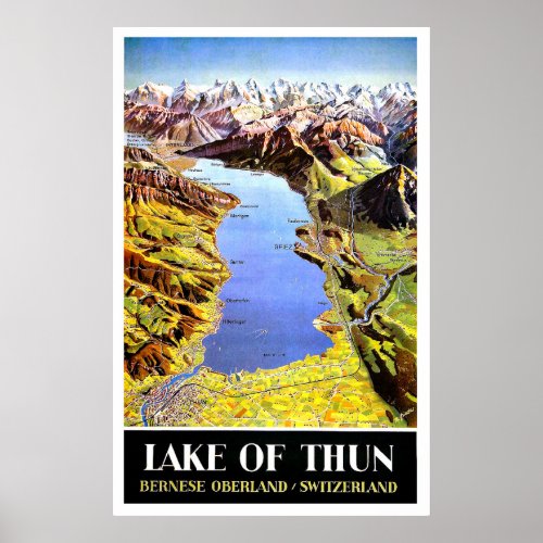 Lake of Thun map Bernese Oberland Switzerland Poster