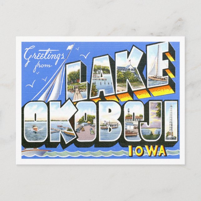 Lake Okoboji, Iowa Vintage Big Letters Postcard (Front)