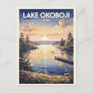 Lake Okoboji Iowa Vintage Watercolor Travel Postcard