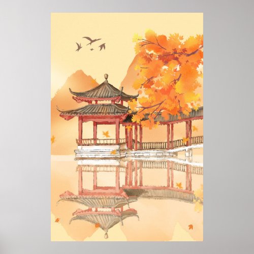 Lake Pavilion Autumn Country Scenery Poster