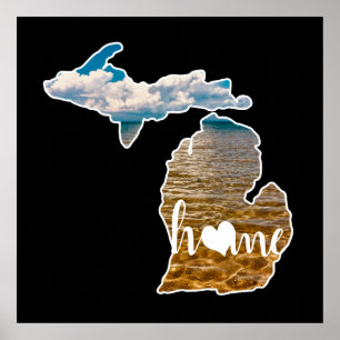 Lake Photo Michigan Silhouette With Home On Black Poster