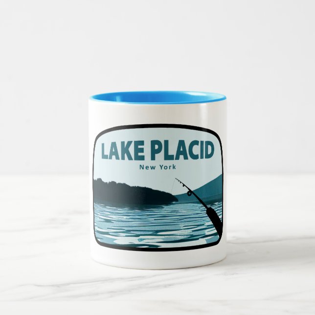 Lake Placid New York Fishing Rod Two-Tone Coffee Mug (Center)