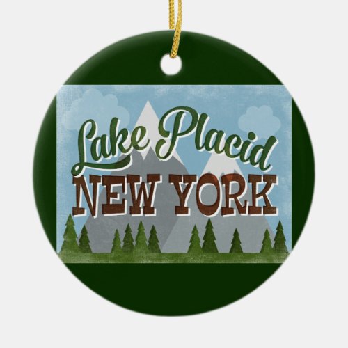 Lake Placid New York Fun Retro Snowy Mountains Ceramic Ornament