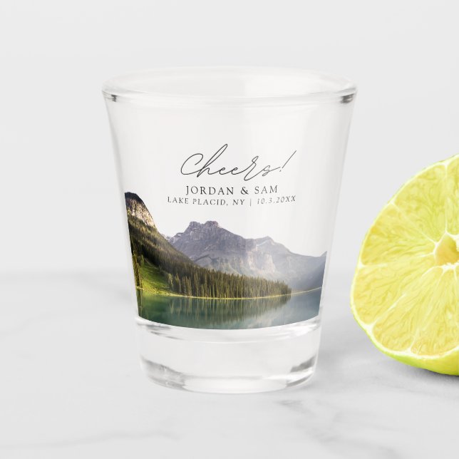 Lake Placid Photo Wedding Favor Cheers Shot Glass (Front)