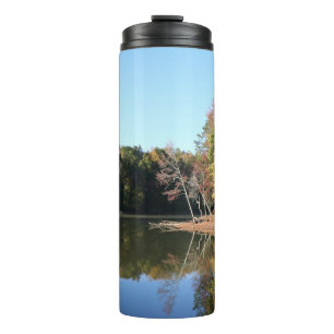 Lake Reflection of Orange Fall Leaves & Blue Skies Thermal Tumbler