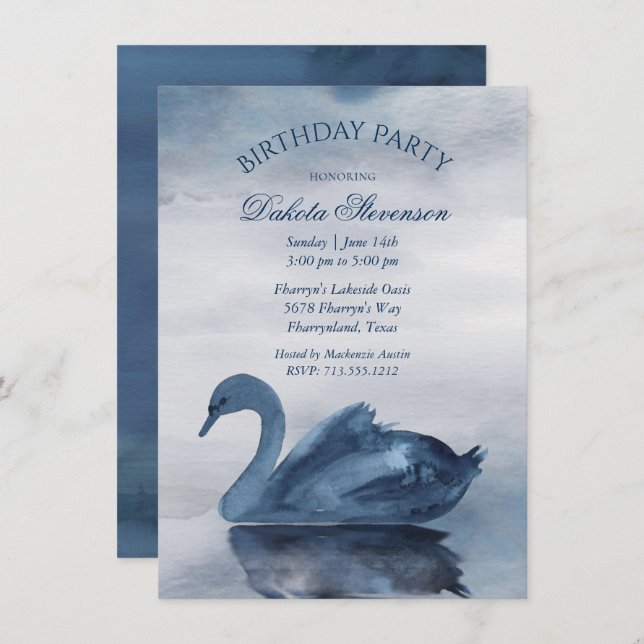 Lake Reflections | Dusty Blue Swan Birthday Party Invitation (Front/Back)