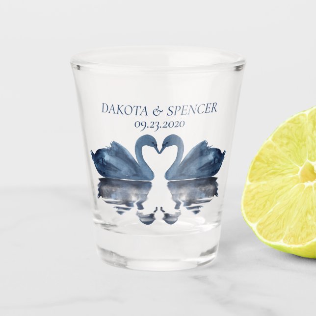 Lake Reflections | Dusty Blue Swan Keepsake Favor Shot Glass (Front)