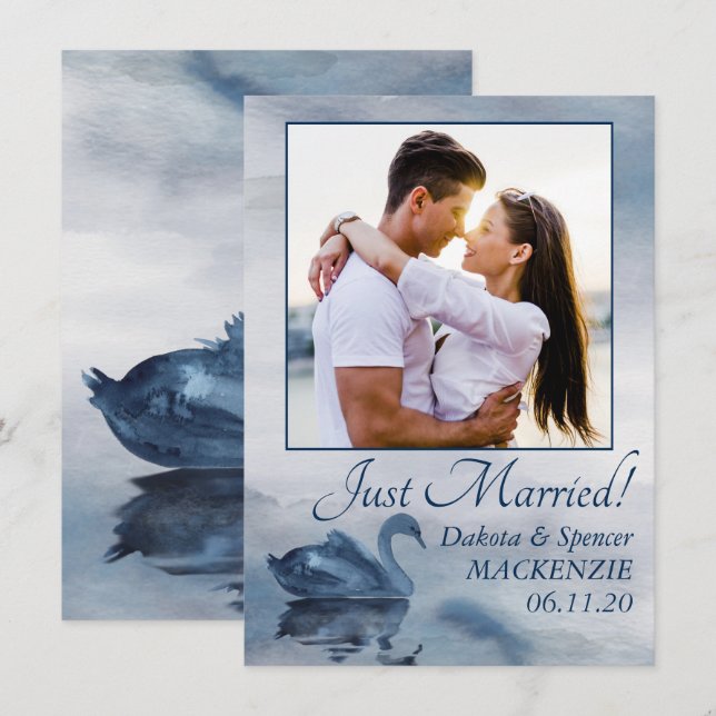 Lake Reflections | Dusty Blue Swan Photo Wedding Announcement (Front/Back)