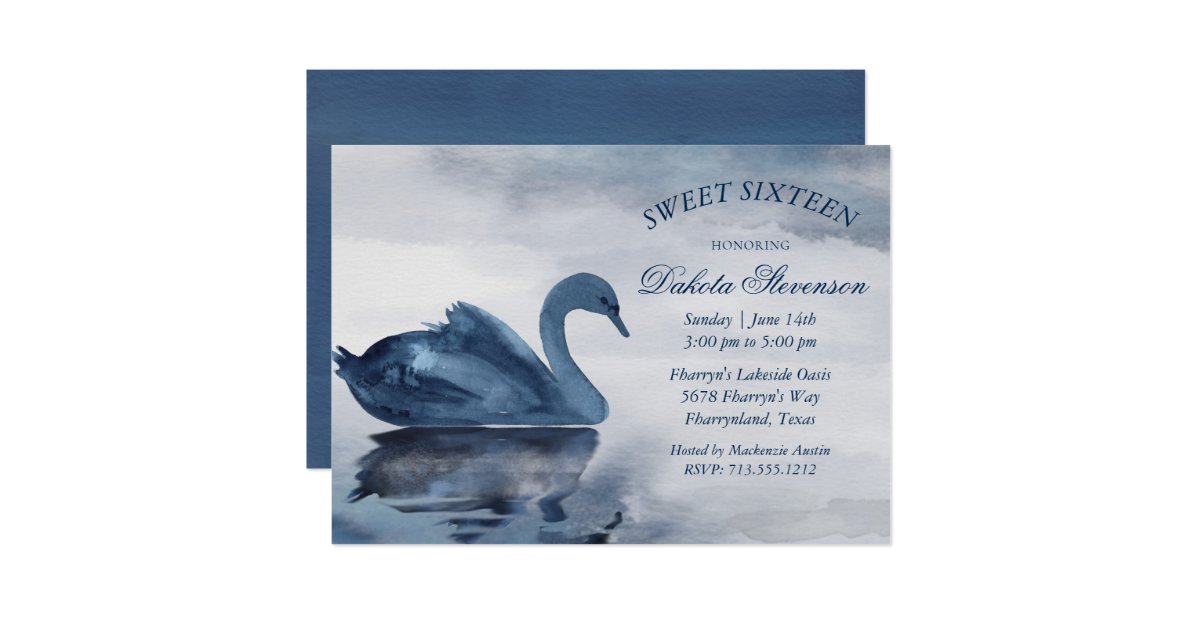 Lake Reflections Dusty Blue Swan Sweet 16 Party Invitation