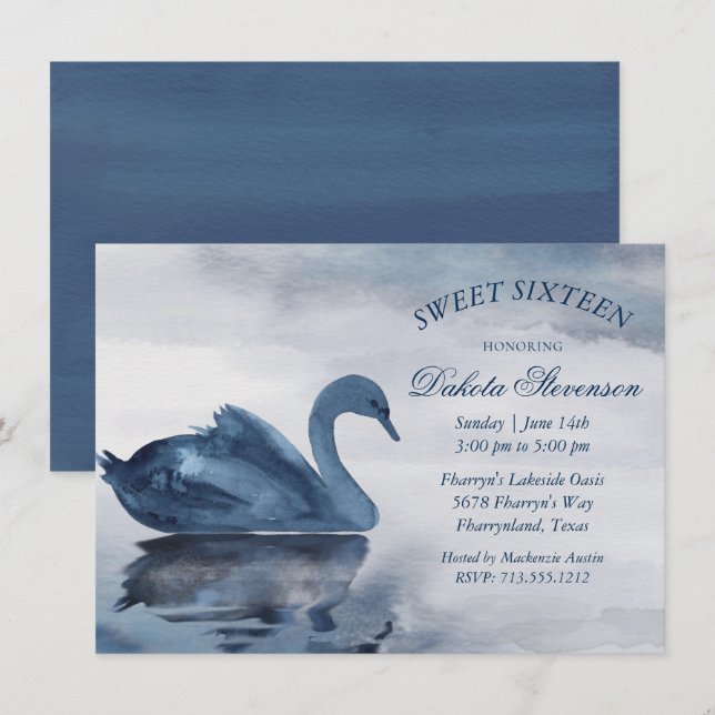 Lake Reflections | Dusty Blue Swan Sweet 16 Party Invitation (Front/Back)
