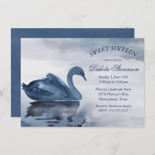 Lake Reflections  Dusty Blue Swan Sweet 16 Party Invitation