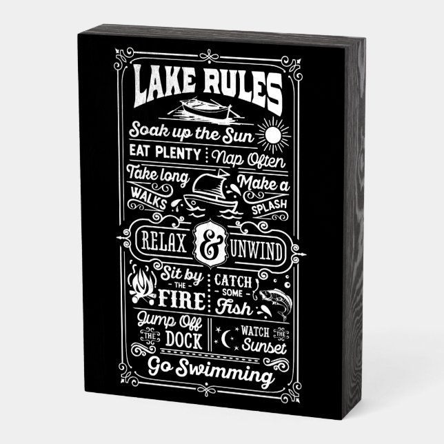 Lake Rules: Life’s Simple Waterside Joys Wooden Box Sign (Angled Vertical)