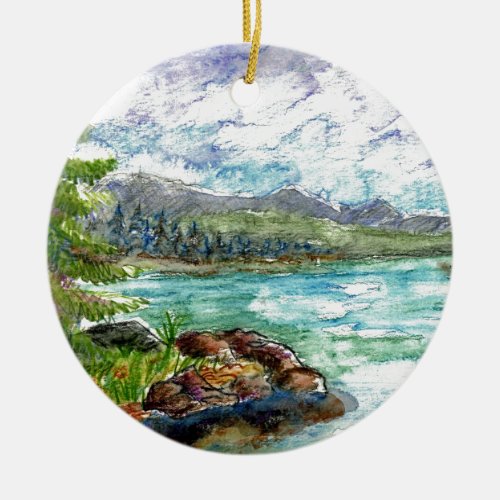Lake Scene _ watercolor pencil Ceramic Ornament
