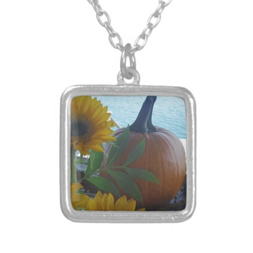 Lake side pumpkin an sunflowers silver plated necklace