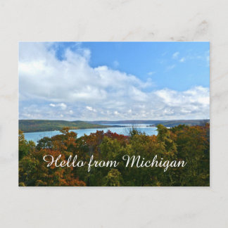 "LAKE, SKY, FALL FOLIAGE: 'HELLO FROM MICHIGAN" POSTCARD
