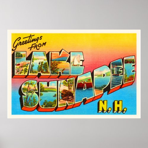 Lake Sunapee New Hampshire NH Old Travel Souvenir Poster