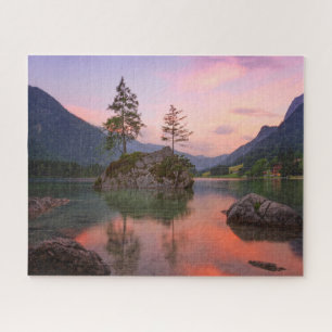 Lake Sunset With Trees, Rocks & Mountains Jigsaw Puzzle